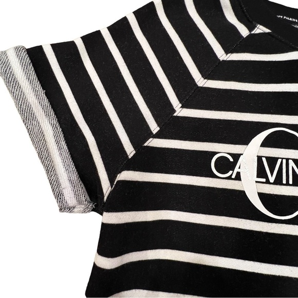 CALVIN Klein Black Striped Cotton Blend Boat Neck Short Sleeve Crop Top, Size M - Picture 6 of 12